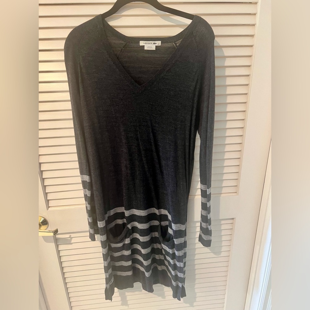 Lacoste Gray Striped Sweater Dress